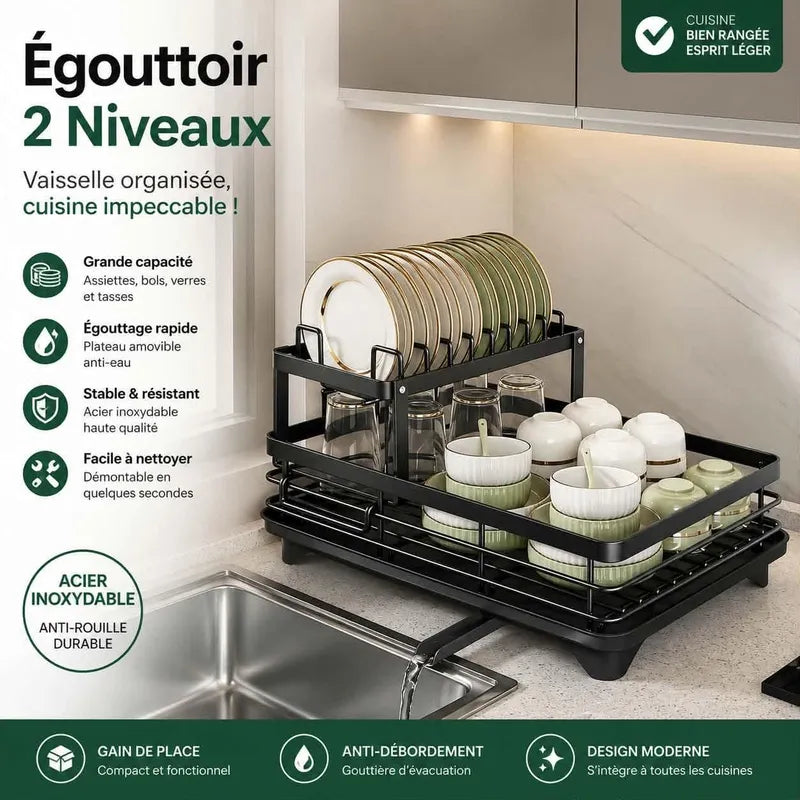 Égouttoir à Vaisselle Pour Comptoir De Cuisine à 2 Niveaux