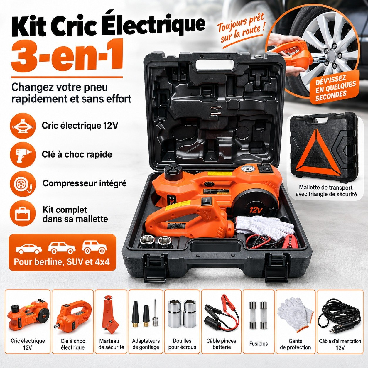 Kit Cric Électrique 3-en-1 avec cric 12V, clé à choc et compresseur dans mallette