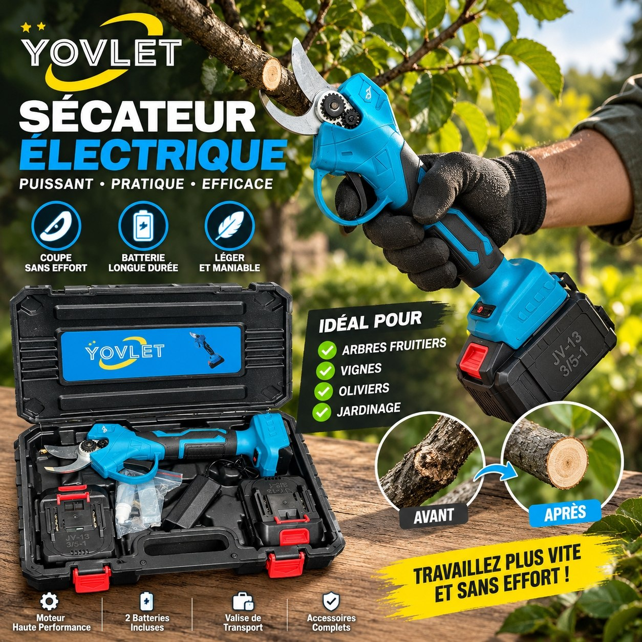 Sécateur électrique YOVLET avec 2 batteries et valise de transport
