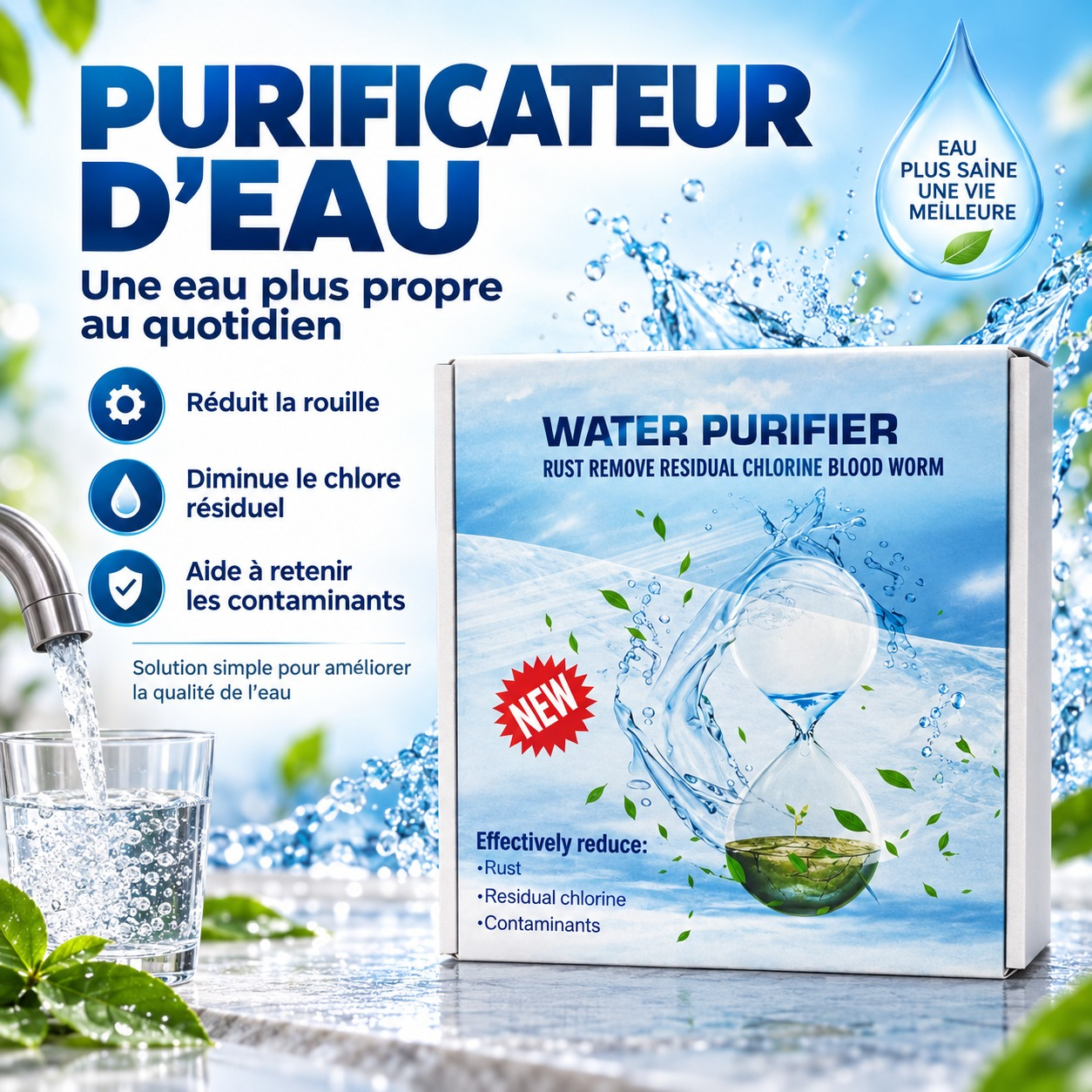 Purificateur d'eau réduisant rouille, chlore et contaminants