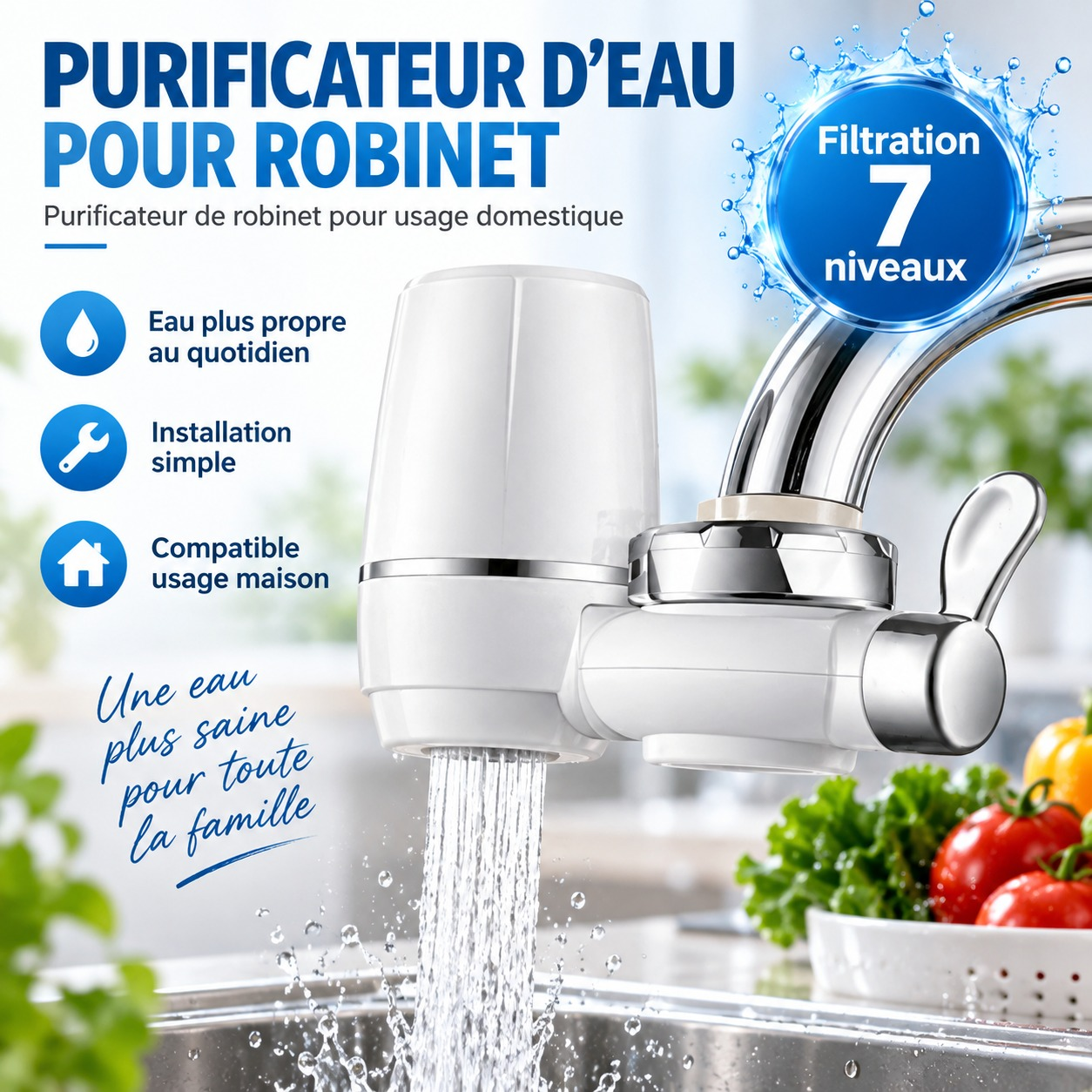 Purificateur d'eau pour robinet à filtration 7 niveaux, usage domestique